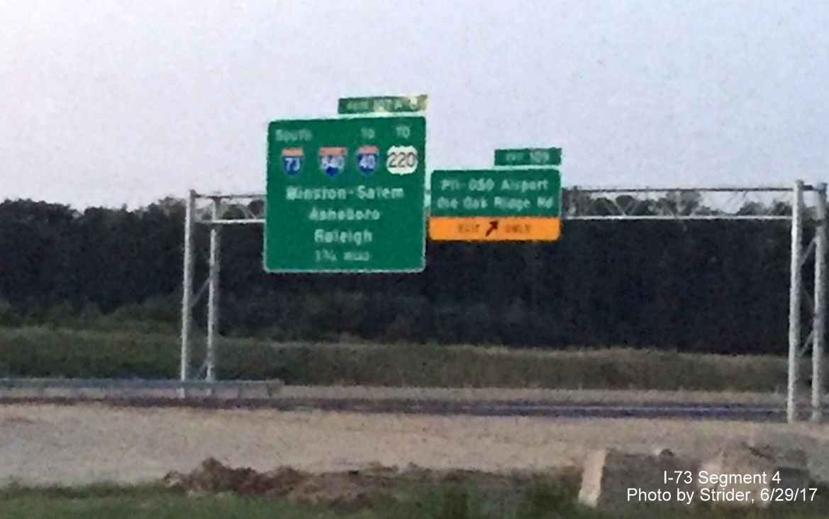 Image taken of new exit signage at PTI Airport exit off of Future I-73 South in Greensboro, by Strider
