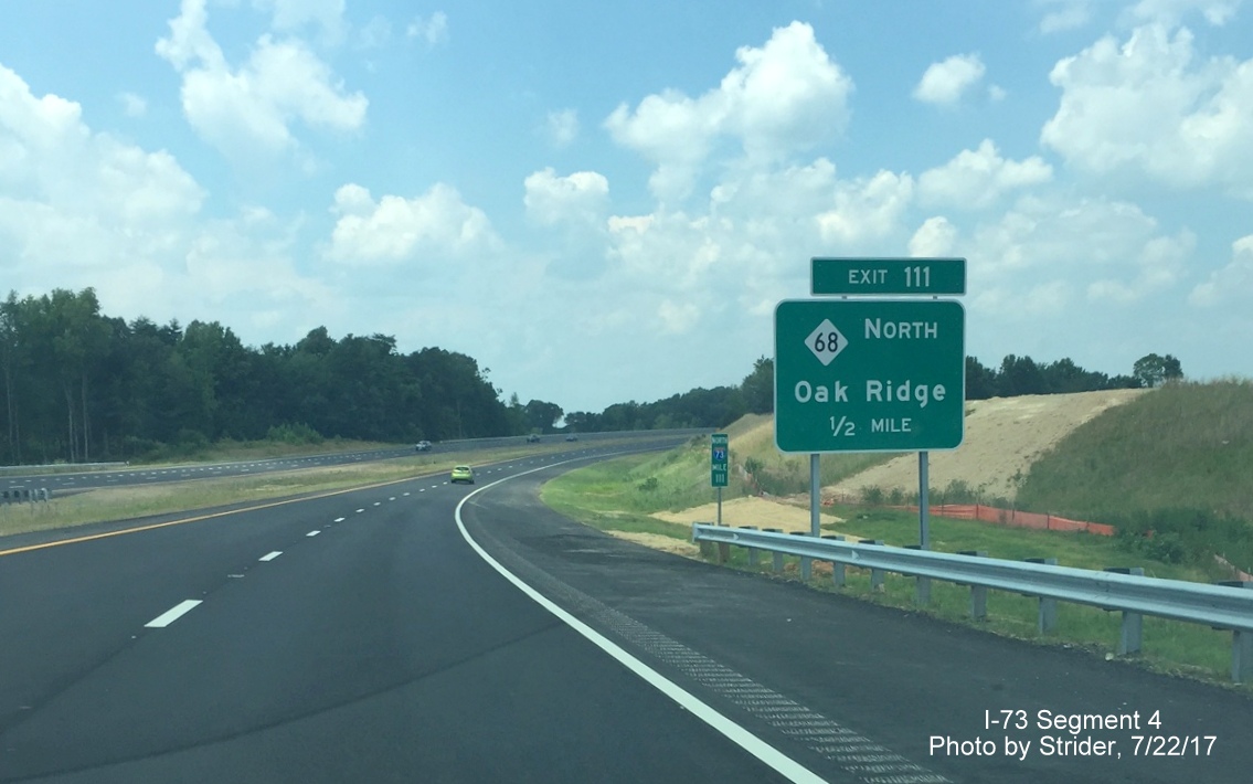 Image of newly placed NC 73 North 1/2 mile advance sign replacing portable VMS on I-73 North near Oak Ridge, by Strider