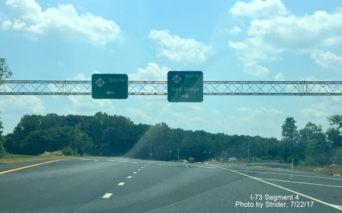 Image of overhead signage at end of I-73 North Exit ramp to NC 68 near Oak Ridge, from Strider