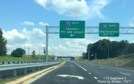 Image taken of overhead signs for I-73 on-ramps from NC 68 South in Oak Ridge, by Strider