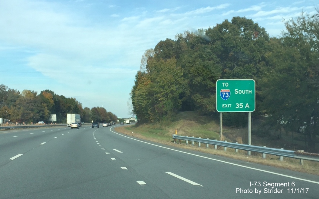 Image of auxiliary sign on Business 85 North in Greensboro prior to US 220 exit indicating take US 220 South for I-73 South, by Strider