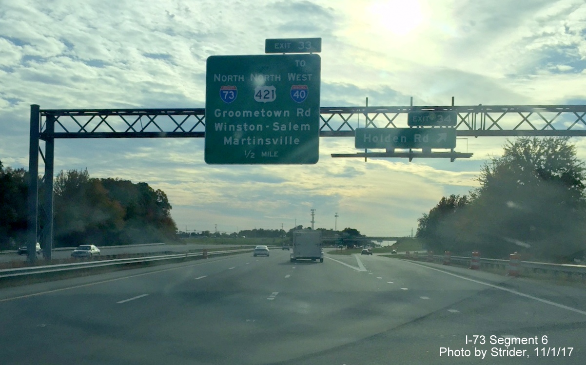Image of new overhead sign for I-73/US 421 North exit on Business 85 South in Greensboro, by Strider