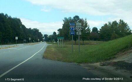 Photo of newly installed 
I-73 and US 220 North signage at on-ramp from NC 62 in Guilford County. Photo courtesy of Strider
