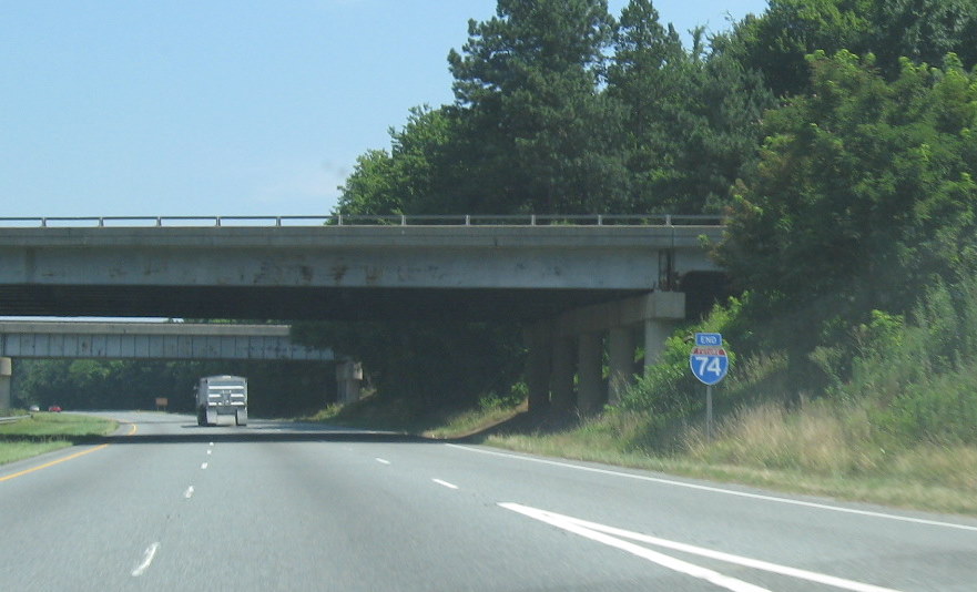 Photo of the the End Future I-74 sign after the US 311 exit on-ramp on US 
220 (Future I-73) North in Randleman, NC, June 2009