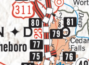 Section of NCDOT 2017-2018 State Transportation showing I-73 Segment 7/I-74 Segment 8 between Randleman and Asheboro