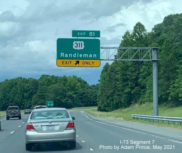 Image of overhead ramp sign for former US 311 exit on I-73/US 220 North in Randleman, 
         by Adam Prince, May 2021