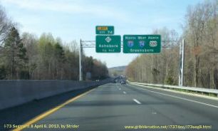 Photo of overhead signage approaching the NC 42 Exit on I-73, US 220 North/
I-74 West in Asheboro, Apr 2013