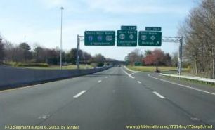 Photo of Overhead Signage on I-73/US 220 North/I-74 West in Asheboro at the 
US 64/NC 49 Exit, Apr 2013