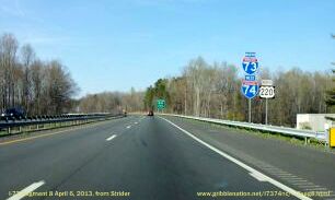 Photo of standard I-73/I-74 reassurance sign assembly along segment of US 220 
North in Asheboro, Apr 2013