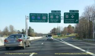 Photo of Overhead Signs on I-73 South/I-74 East for US 64/NC 49 Exit in 
Asheboro, Apr 2013