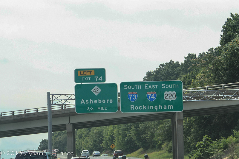 Photo of new exit signage along Asheboro stretch of I-73/I-74, by Adam Prince