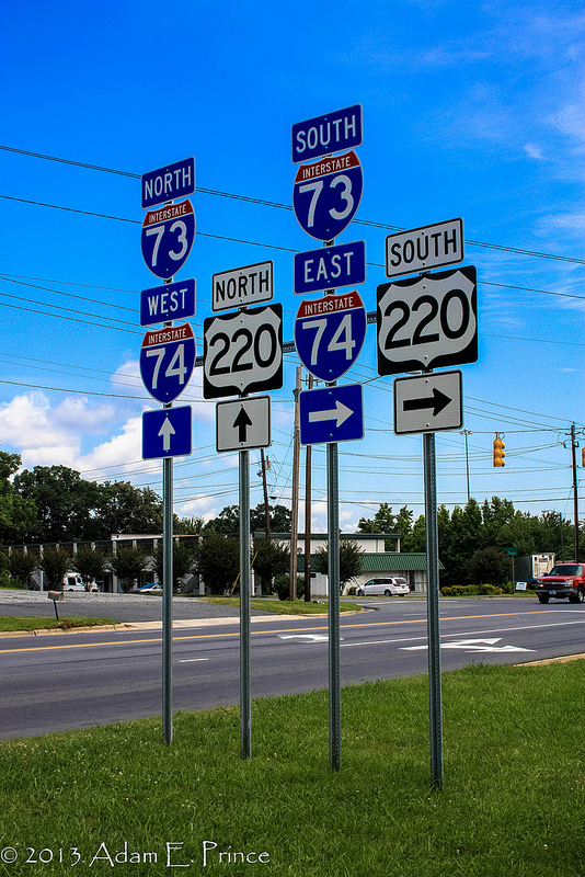 I-73 and I-74 Interstate shields at US 64/NC 49 interchange in 
    Asheboro, from Adam Prince