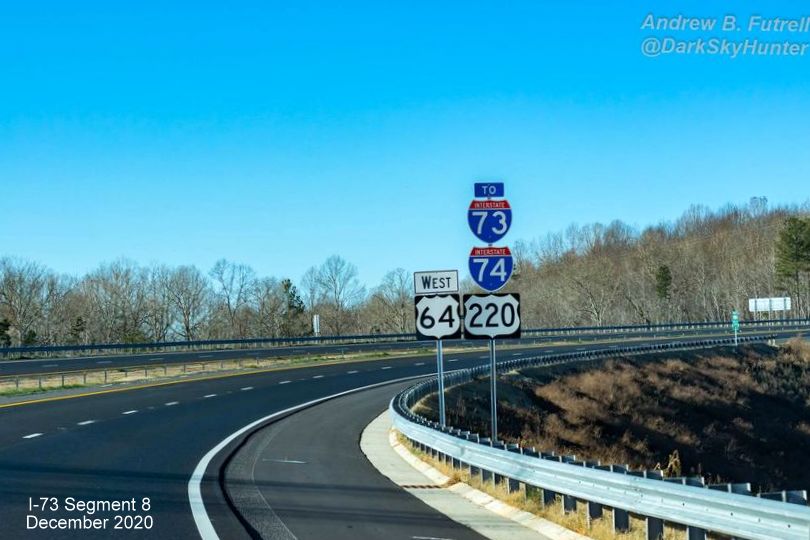 Image of To I-73/I-74 and US 220 trailblazer on US 64 West Asheboro Bypass beyond Zoo Connector 
                                                      exit, by Andrew B. Futrell, December 2020