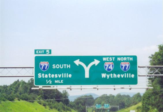 Photo of Exit Signs at I-74 interchange with I-77 near Mount Airy, from Chris
Curley