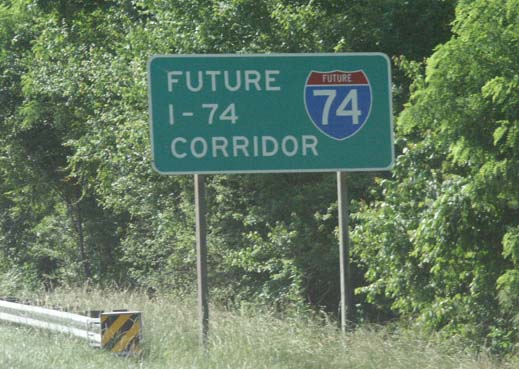 Photo of the Future I-74 Corridor sign near Mount Airy on US 52 south, photo
      courtesy of H.B. Elkins