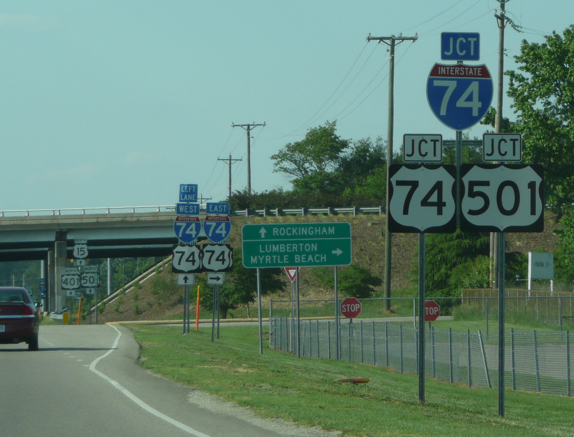 Photo of interchange signage at Exit 183 off the Laurinburg Bypass, after I-74 
exits had been revised, May 2009. Courtesy of James Mast