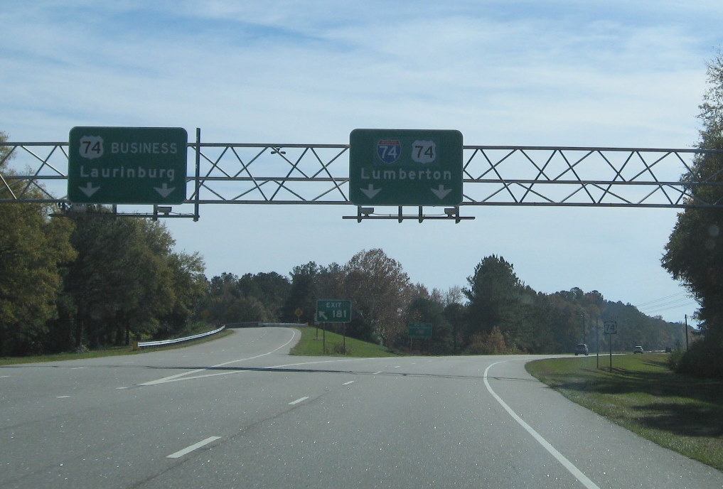 Photo of overhead signs at the beginning of the Laurinburg Bypass in Nov. 
2009 after I-74 signs were removed