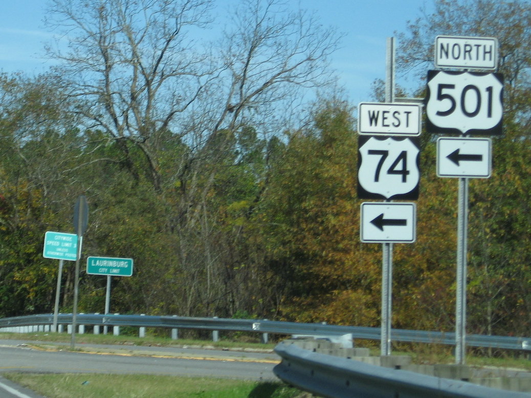 Photo of intersection signage along Laurinburg Bypass after I-74 signs were
 removed. Nov. 2009