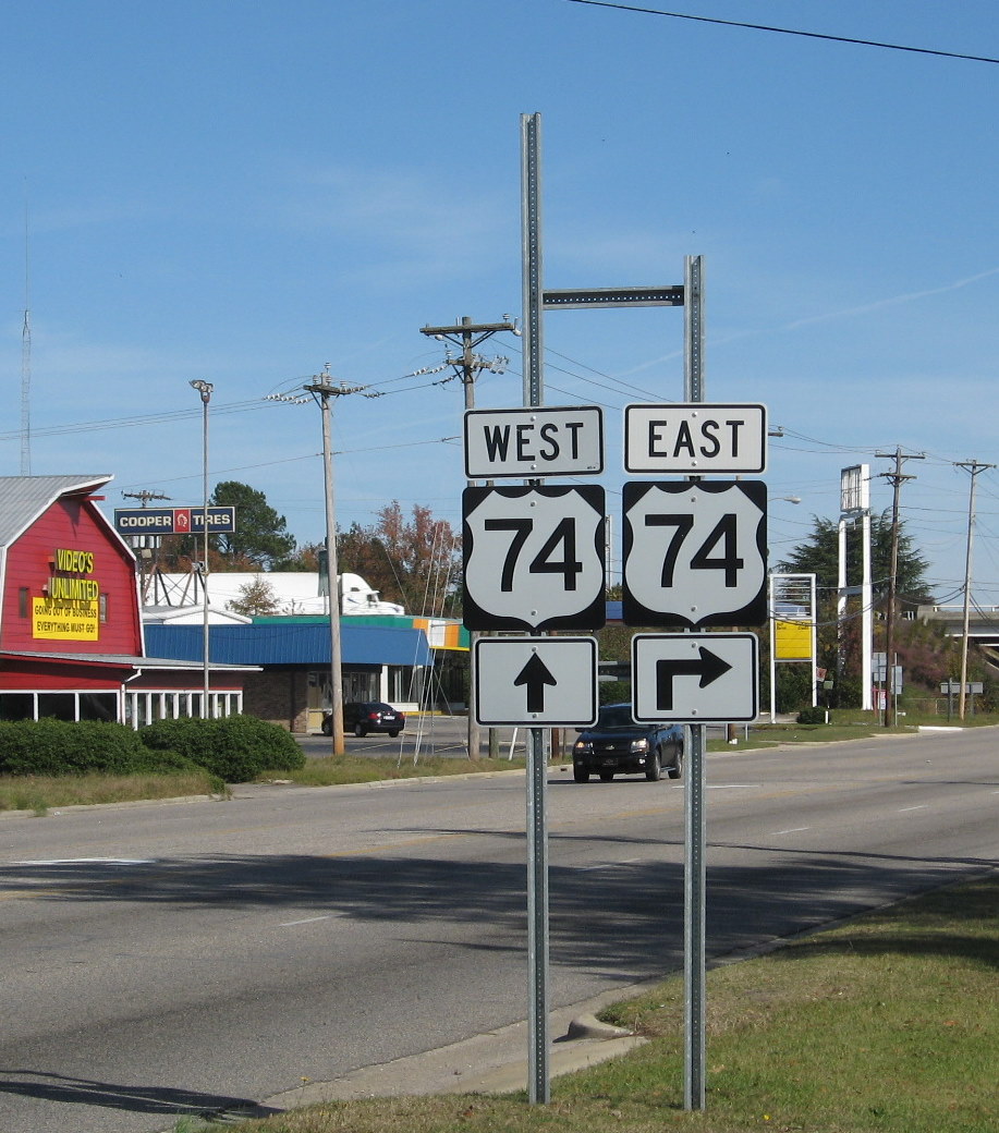 Photo of interchange signage at Exit 183 off the Laurinburg Bypass, after 
I-74 signs had been removed, Nov. 2009.