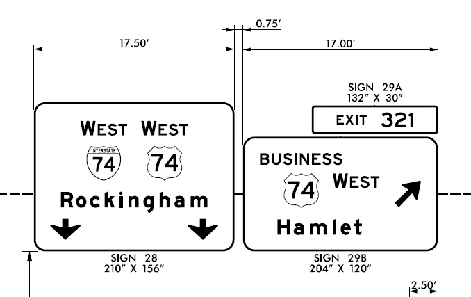 NCDOT sign plan image of overhead signs at start of 
	I-74/US 74 Rockingham Bypass after completion of I-73/I-74 Rockingham Bypass in 2023