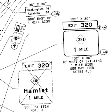Image of 1 mile advance sign plan for NC 381 exit on current US 74 Rockingham Bypass for after completion of I-73/I-74 Rockingham Bypass in 2023, by NCDOT