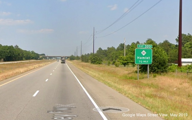 Google Maps Street View image of 1/2 mile advance sign for NC 381 exit on US 74/Future 
        I-74 East in Hamlet taken in May 2019