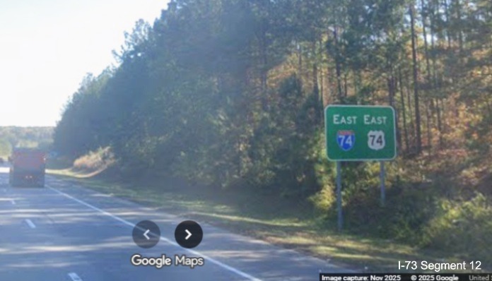 Image of East I-74/US 74 reassurance marker sign after the
    interchange with US 1 on I-74/US 74 East in Rockingham, Google Maps Street View, November 2025