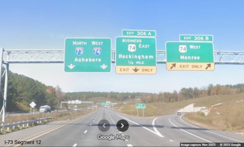 Image of overhead signage at the beginning of the I-73/I-74 Rockingham Bypass at 
	the exit for US 74 West in Rockingham, Google Maps Street View, November 2025