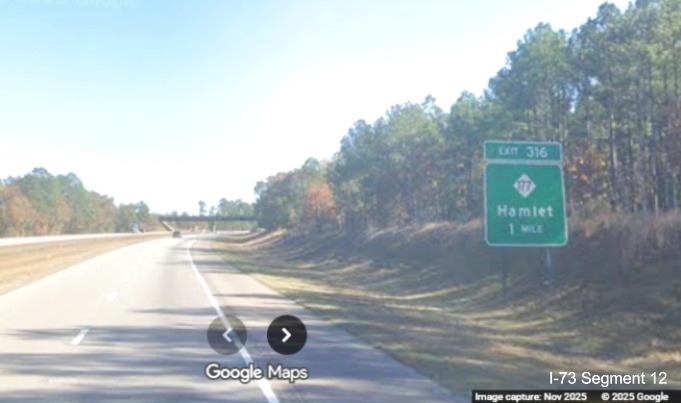 Image of 1 Mile advance sign for the NC 177 exit on I-74/US 74 East in Rockingham,
    Google Maps Street View, November 2025