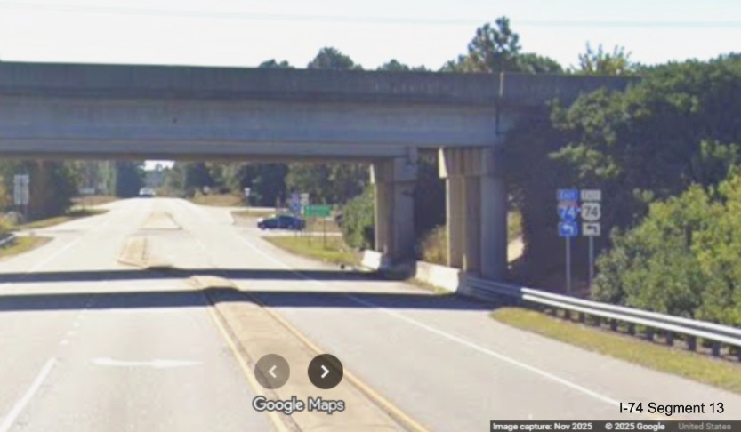 Image of new I-74/US 74 East ramp trailblazers along NC 38 South in Hamlet,
	  Google Maps Street View, November 2025