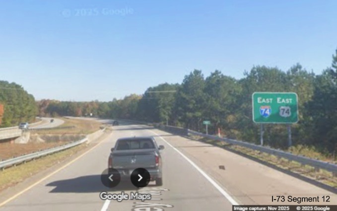 Image of the East I-74/US 74 reassurance marker sign after the NC 177 exit in 
	Rockingham, Google Maps Street View, November 2025