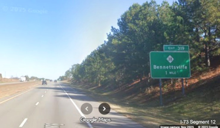 Image of 1 Mile advance sign for the NC 38 exit on I-74/US 74 East in Hamlet,
    Google Maps Street View, November 2025