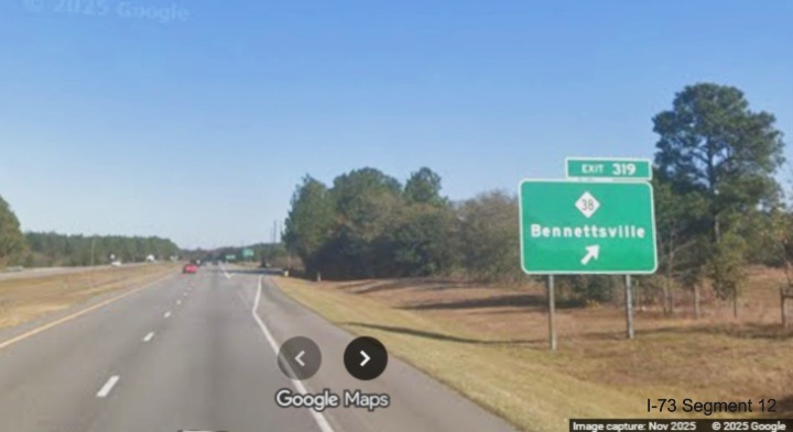 Image of ground mounted ramp sign for the NC 38 exit on I-74/US 74 East in Hamlet,
    Google Maps Street View, November 2025