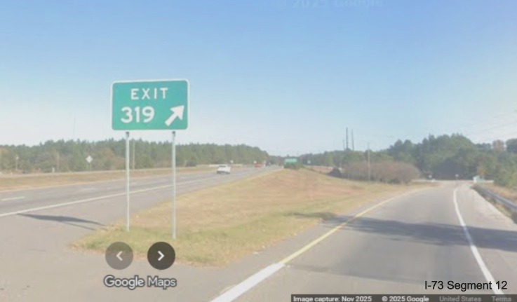 Image of I-74 mileage gore sign for the NC 38 exit on I-74/US 74 East in Hamlet,
    Google Maps Street View, November 2025