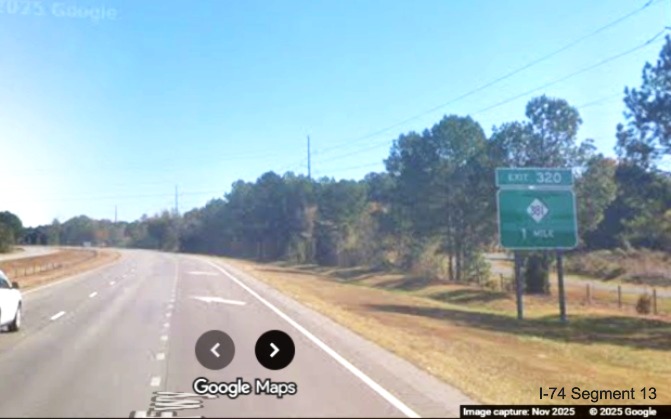 Image of new 1 mile advance sign for the NC 381 exit on I-74/US 74 East 
	  Rockingham Bypass in Hamlet, Google Maps Street View, November 2025