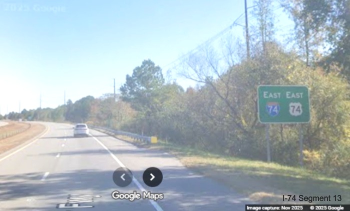Image of East I-74/US 74 reassurance marker sign after the NC 38 exit on I-74
	  US 74/Rockingham Bypass in Hamlet, Google Maps Street View, November 2025