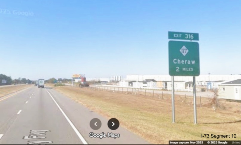 Image of 2 Miles advance sign for the NC 177 exit on I-74/US 74 West in Rockingham,
    Google Maps Street View, November 2025
