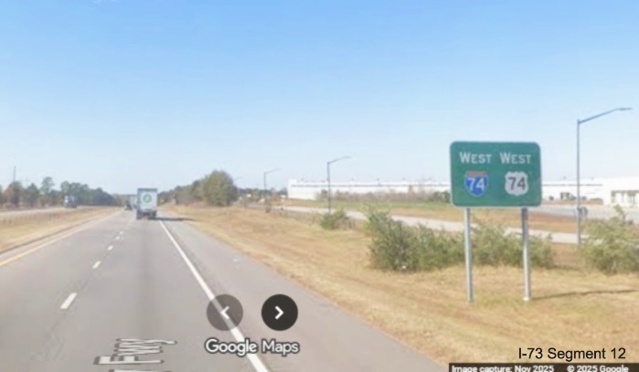Image of West I-74/US 74 reassurance marker sign after the NC 177 exit in 
	Rockingham, Google Maps Street View, November 2025