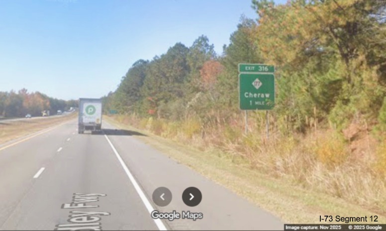 Image of 1 Mile advance sign for the NC 177 exit on I-74/US 74 West in 
	Rockingham, Google Maps Street View, November 2025