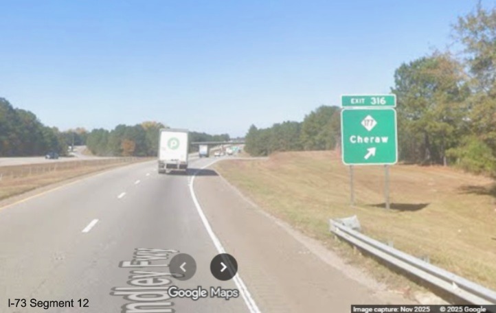 Image of ground mounted ramp sign for the NC 177 exit on I-74/US 74 West in 
	Rockingham, Google Maps Street View, November 2025