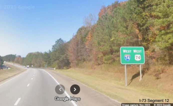 Image of West I-74/US 74 reassurance marker sign after the US 1 exit in 
	Rockingham, Google Maps Street View, November 2025