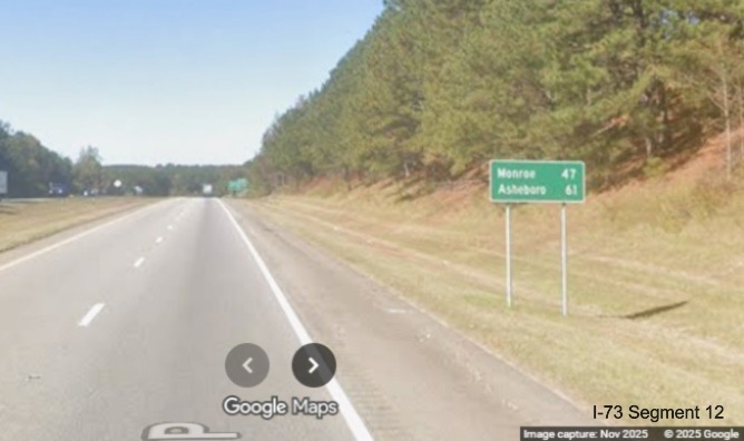 Image of new post-interchange distance sign after the US 1 exit in 
	Rockingham with Asheboro, a I-73 control city, being used, Google Maps Street View, November 2025