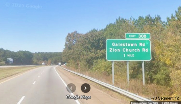 Image of new ground mounted 1 Mile advance sign for Galestown/Zion Church Road 
	exit on I-74/US 74 West in Rockingham, Google Maps Street View, November 2025