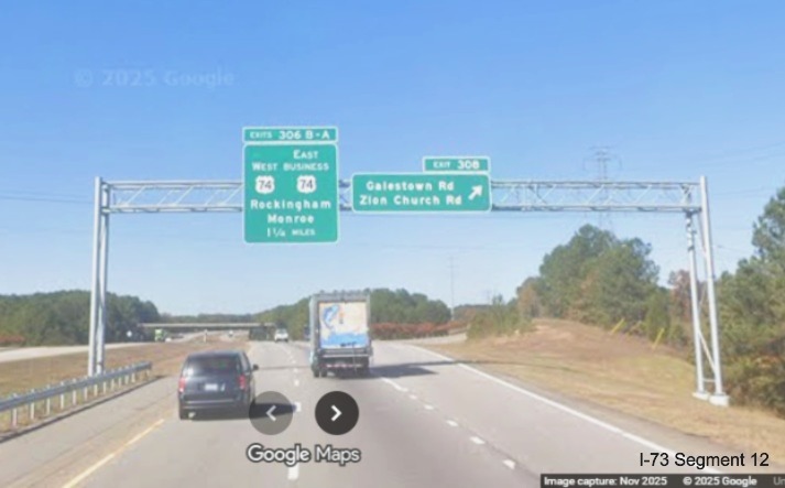 Image of new overhead signage at ramp for Galestown/Zion Church Road 
	exit on I-74/US 74 West in Rockingham, Google Maps Street View, November 2025