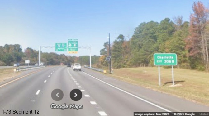 Image of new ground mounted auxiliary sign for Charlotte approaching the 
	exit for US 74/Business 74 on I-74/US 74 West in Rockingham, Google Maps Street View, November 2025