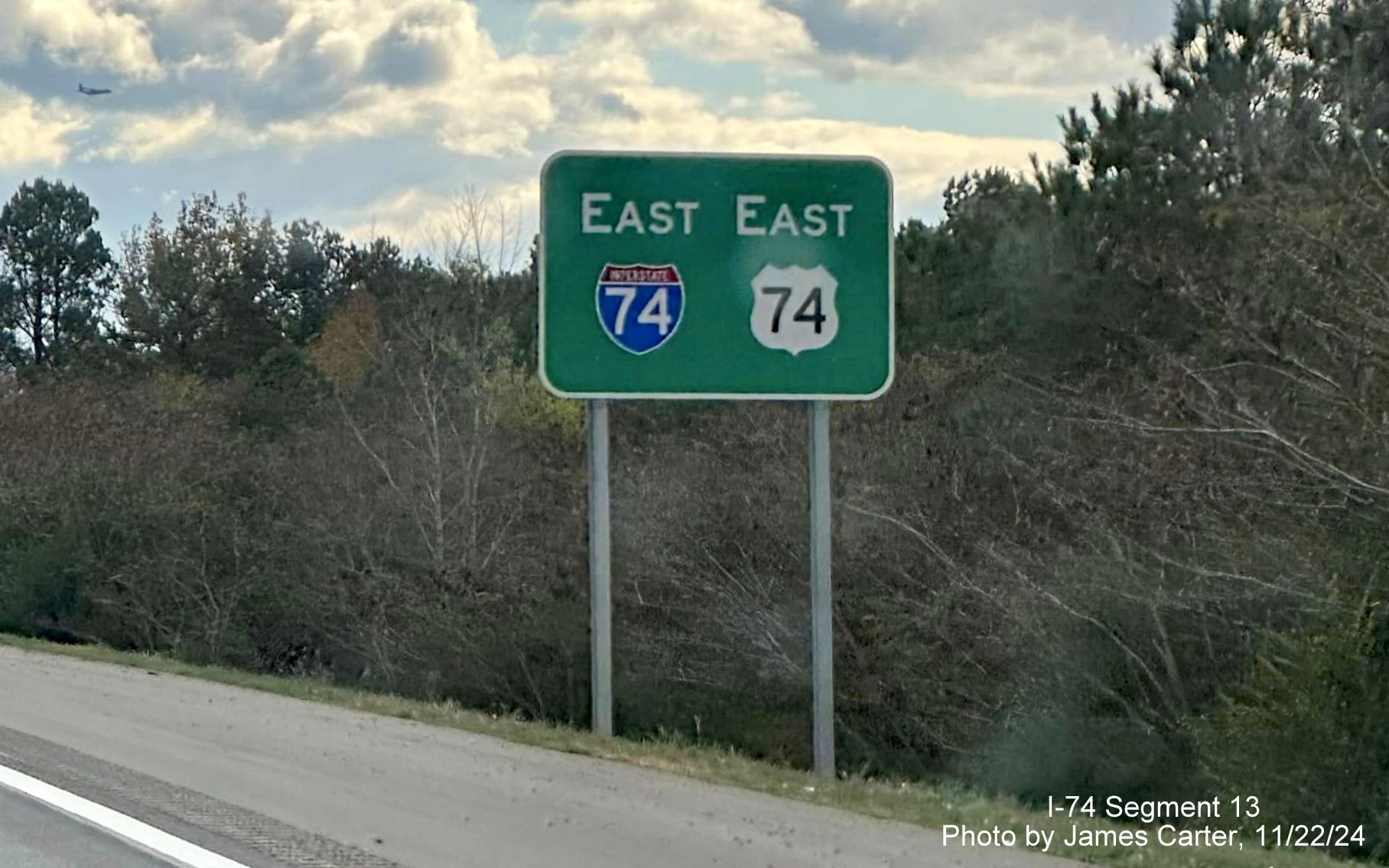 Image of new East I-74/East US 74 reassurance marker sign installed after the yet 
	to open ramp from the Rockingham Bypass, by James Carter, November 2024