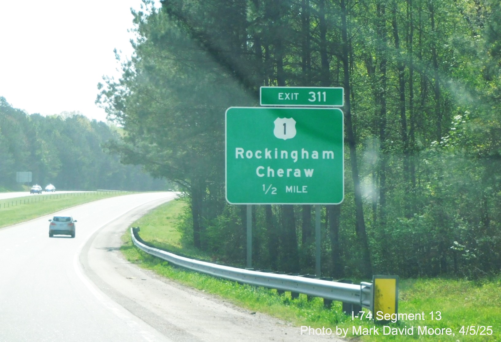 Image of new 1/2 mile advance signage for US 1 exit on I-74/US 74 East in
		Rockingham by Mark David Moore, April 2025