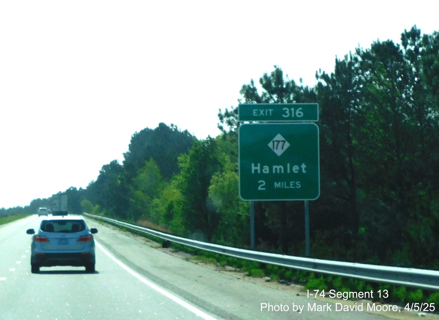 Image of new 2 mile advance signage for NC 177 exit on I-74/US 74 East in
		Rockingham by Mark David Moore, April 2025