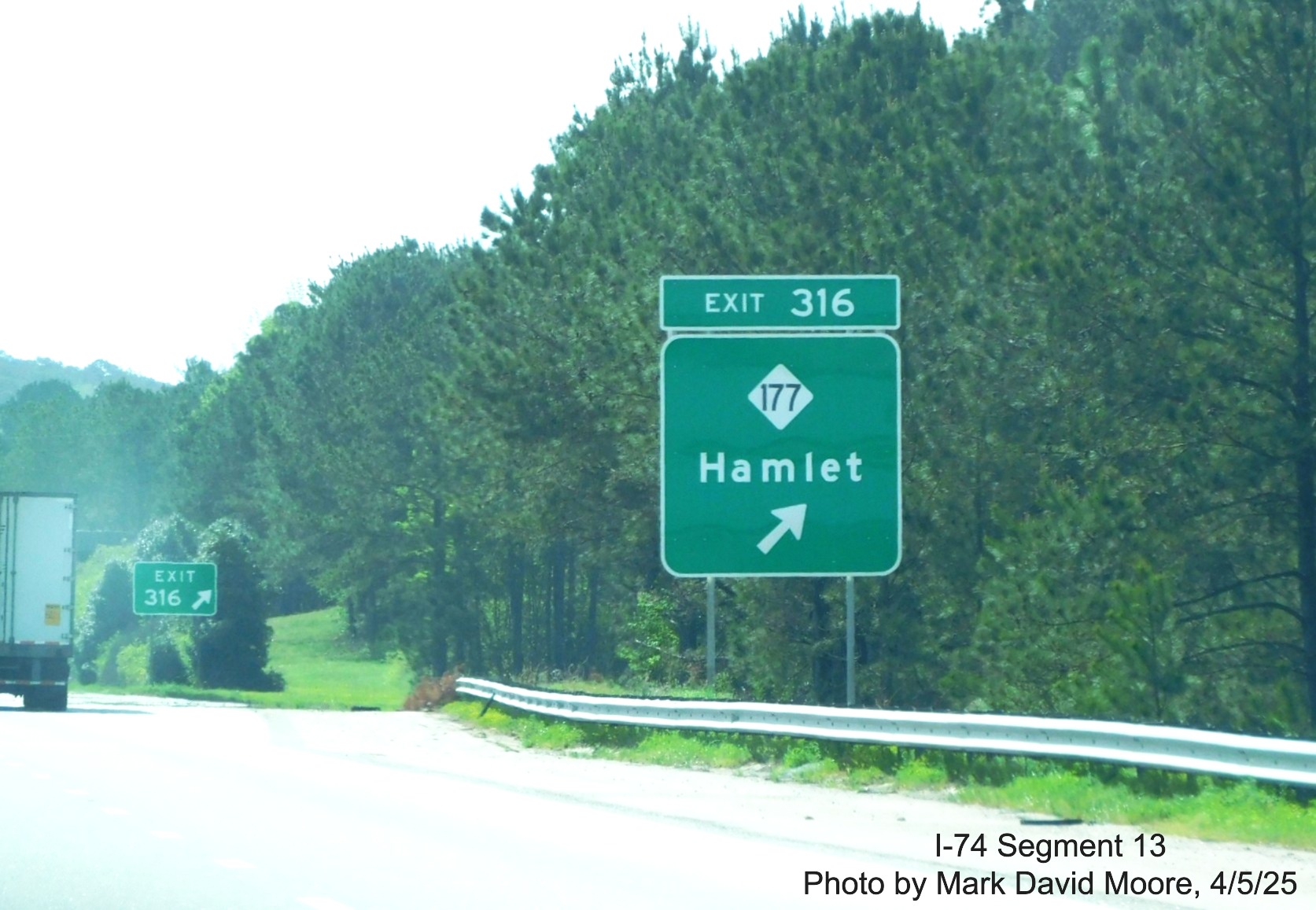 Image of new ground mounted ramp sign for the NC 177 exit on I-74/US 74 East in
		Rockingham by Mark David Moore, April 2025