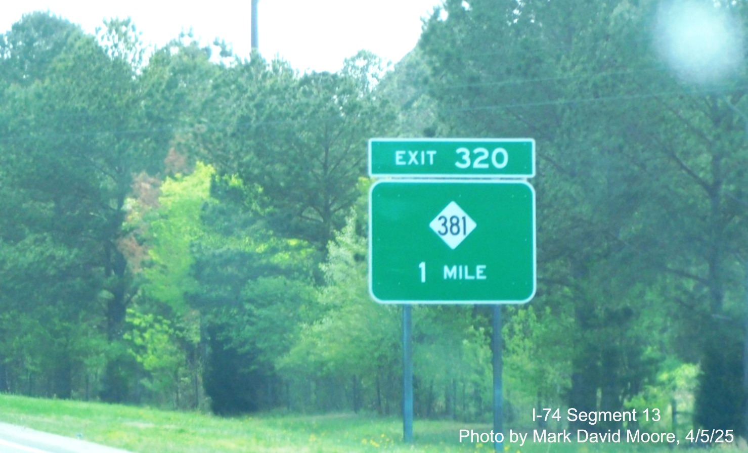 Image of new 1 mile advance sign for NC 381 exit on I-74/US 74 East in Hamlet,
	  by Mark David Moore, April 2025